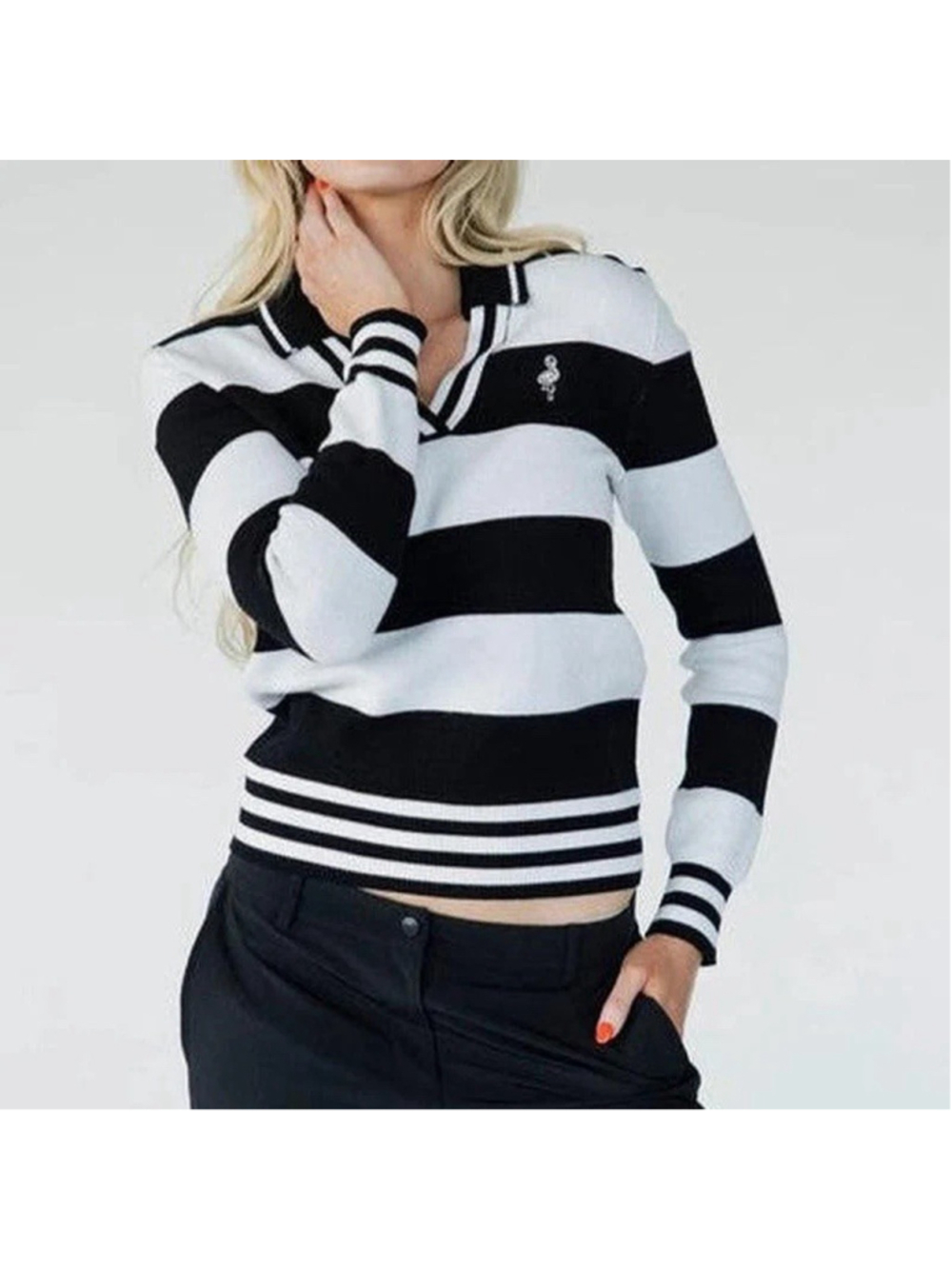 FORE ALL Womens Iris Sweater Black White Stripes L Golf Preppy Collared V Neck